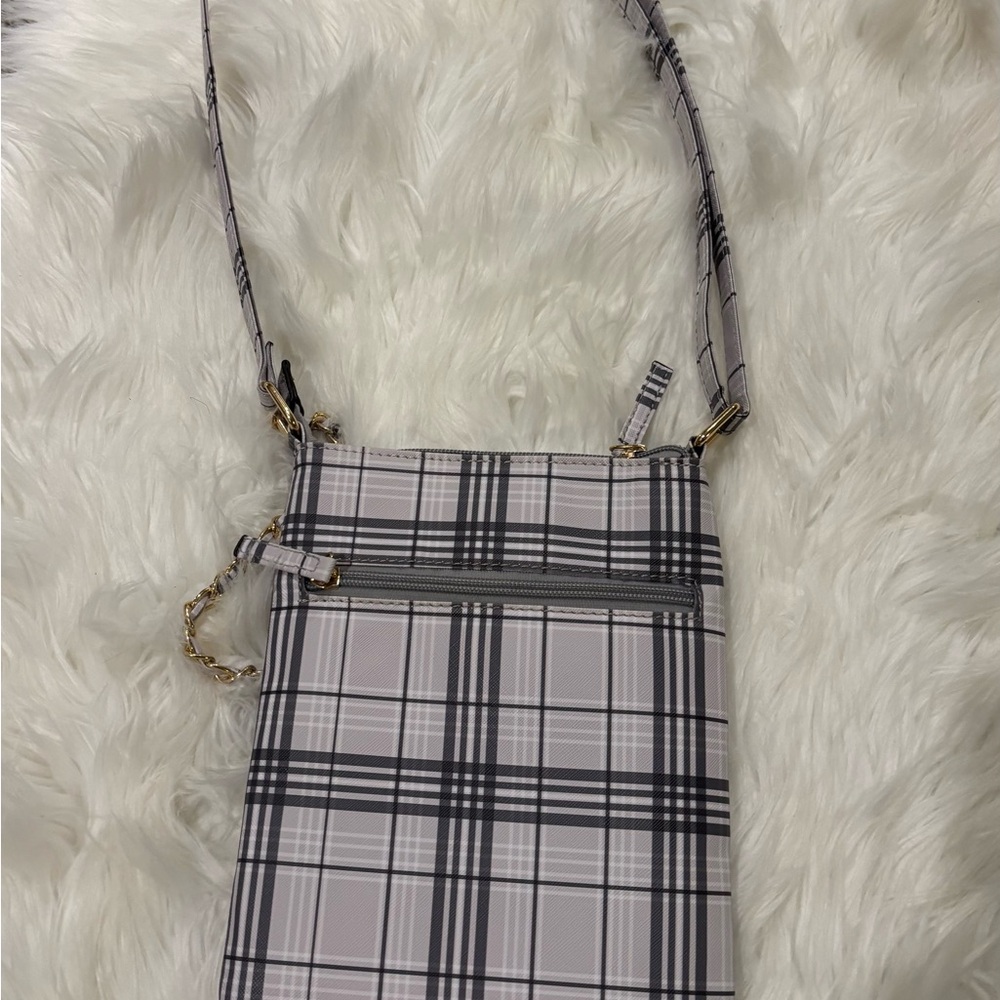 Plaid Crossbody Bag - Black Gray and White